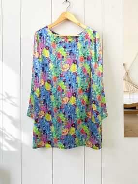 J.Peterman 100% Silk Multicolor Floral Blue Sleeve Mini Dress Size 12